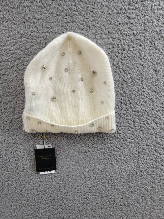 Charter Club Cashmere Embellished Cuffed Beanie Women's One Size Vanilla Ice