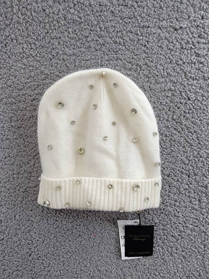 Charter Club Cashmere Embellished Cuffed Beanie Women's One Size Vanilla Ice
