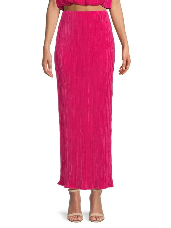 Renee C. Plisse Side Slit Maxi Skirt Women's XS Pink Solid Elastic Waist Pull On