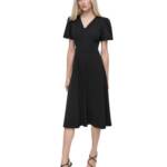 DKNY Bubble-Sleeve Scuba-Crepe Midi Dress Women's 16 Black V-Neck Zip Closure