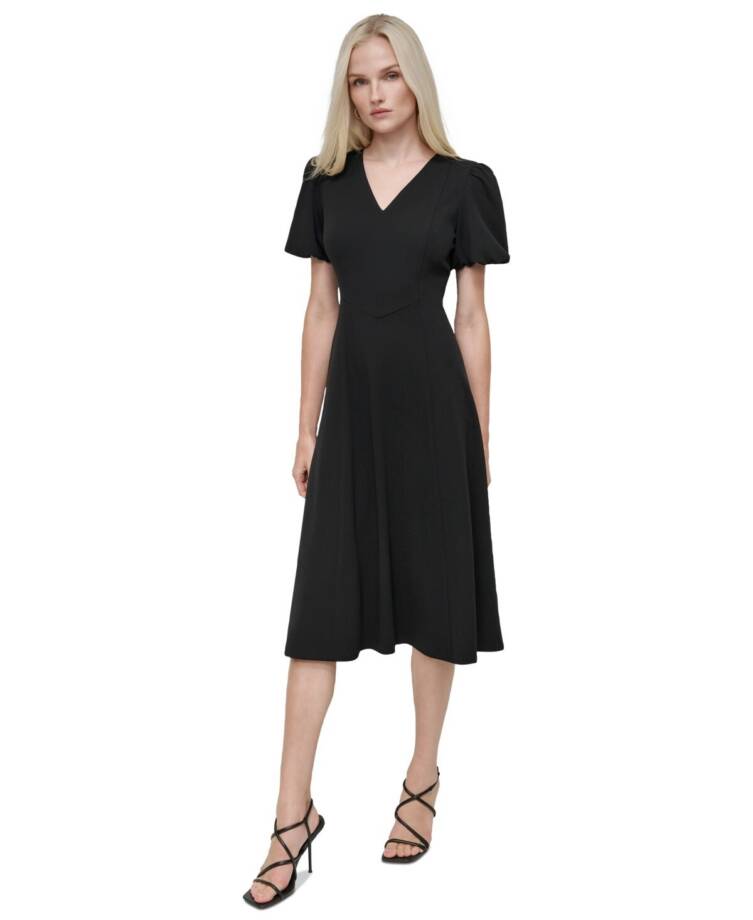 DKNY Bubble-Sleeve Scuba-Crepe Midi Dress Women's 16 Black V-Neck Zip Closure