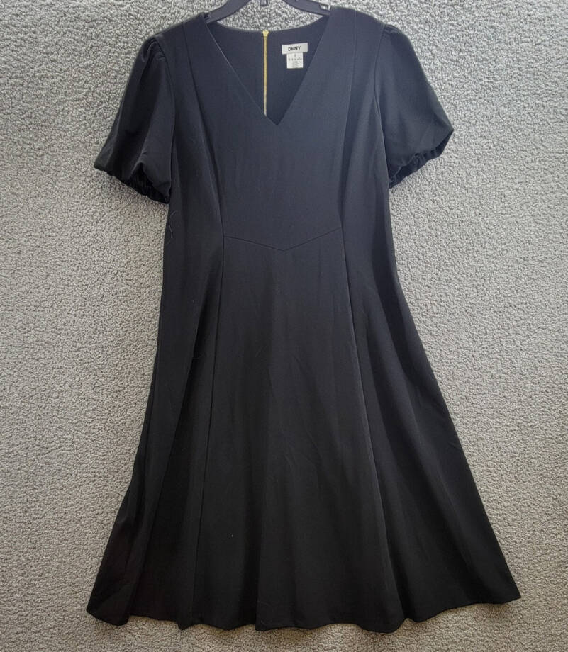 DKNY Bubble-Sleeve Scuba-Crepe Midi Dress Women's 16 Black V-Neck Zip Closure