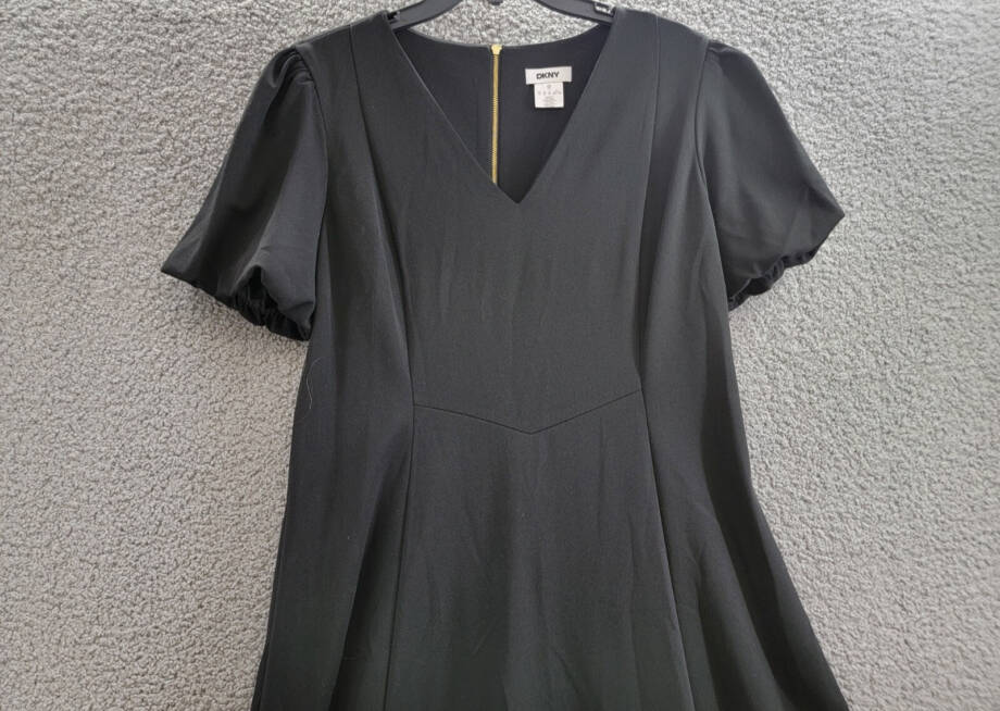 DKNY Bubble-Sleeve Scuba-Crepe Midi Dress Women's 16 Black V-Neck Zip Closure