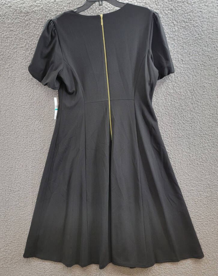 DKNY Bubble-Sleeve Scuba-Crepe Midi Dress Women's 16 Black V-Neck Zip Closure