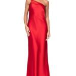 AQUA Satin One Shoulder Gown Women's 2 Red Asymmetric Neck Side Zip Closure