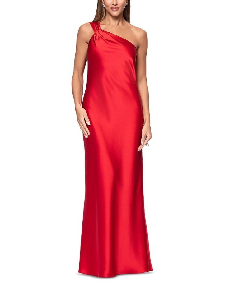 AQUA Satin One Shoulder Gown Women's 2 Red Asymmetric Neck Side Zip Closure