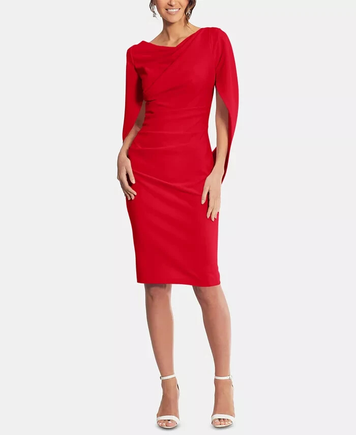 Betsy & Adam Caped Sheath Dress Women's 16 Red Solid Boat Neck Zip Closure