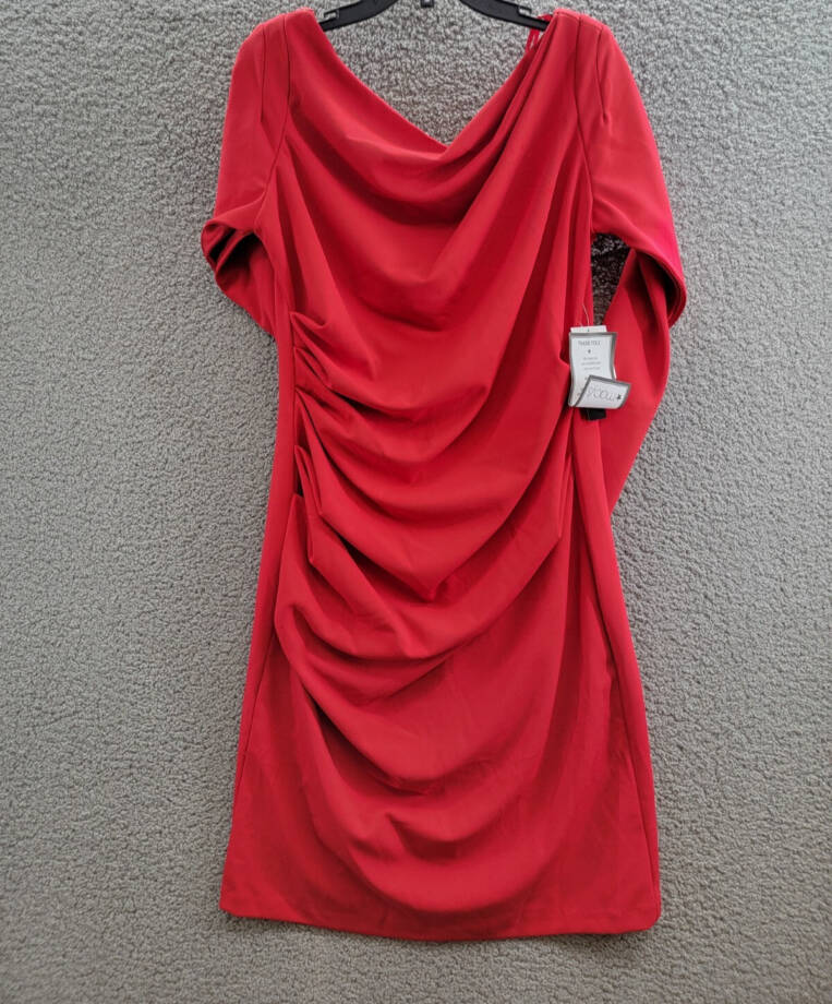 Betsy & Adam Caped Sheath Dress Women's 16 Red Solid Boat Neck Zip Closure
