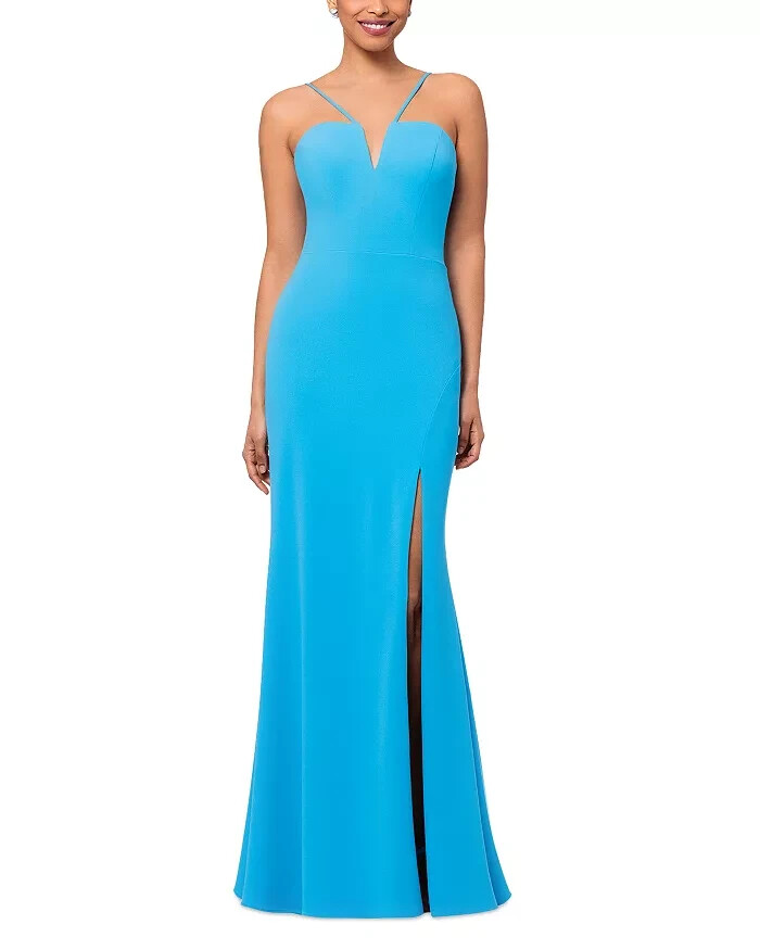 AQUA Scuba Crepe Gown Women's 4 Dark Aqua V-Neck Sleeveless Back Zip Closure