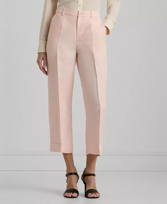 Lauren Ralph Lauren Linen Blend Cropped Twill Pants Women's 16 Pink Opal Button