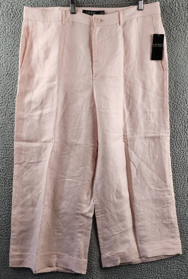 Lauren Ralph Lauren Linen Blend Cropped Twill Pants Women's 16 Pink Opal Button