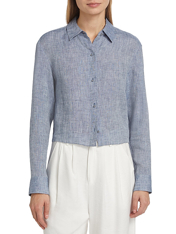 Theory Long-Sleeve Tapered Hemp Crop Shirt Women's P Chambray Button Closure