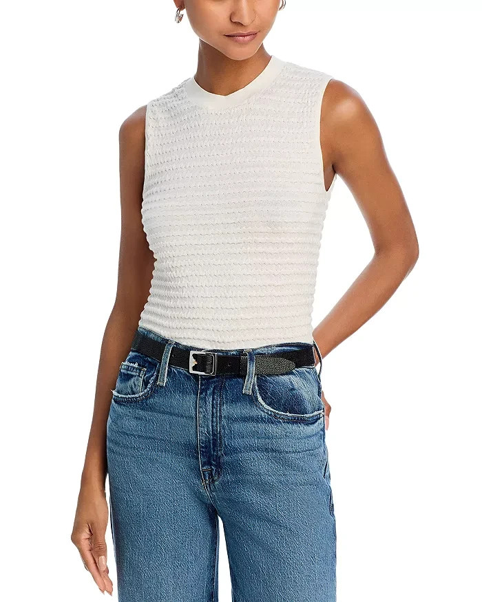 FRAME Smocked Silk Blend Sleeveless Top Women's XS White Solid Crewneck Pullover