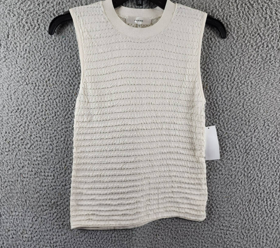 FRAME Smocked Silk Blend Sleeveless Top Women's XS White Solid Crewneck Pullover