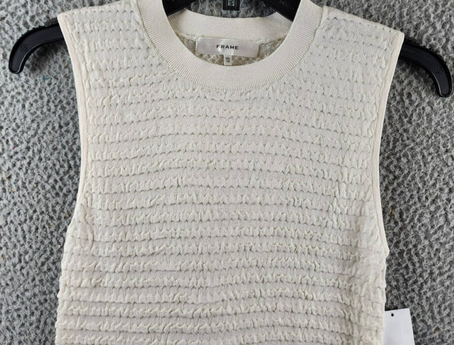 FRAME Smocked Silk Blend Sleeveless Top Women's XS White Solid Crewneck Pullover
