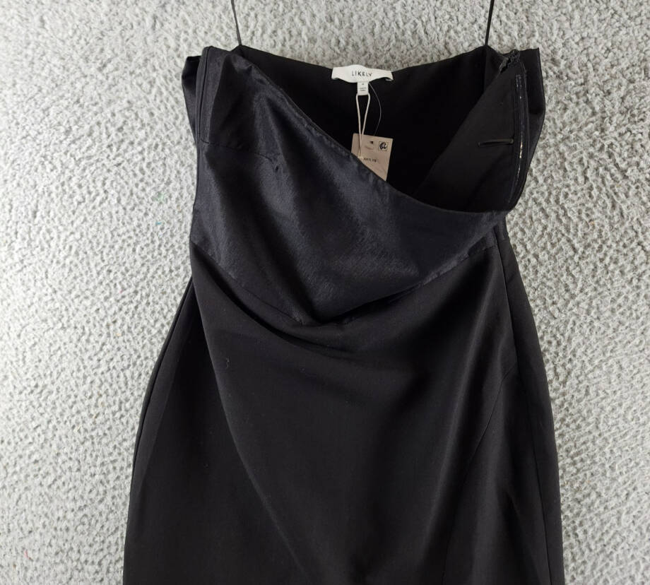 LIKELY Valerie Bow Back Strapless Midi Dress Women's 4 Black Side Zip Closure