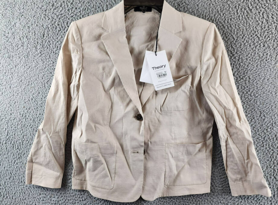 Theory Shrunken Linen Blend Blazer Women's 0 Beige Pockets Button Front Closure