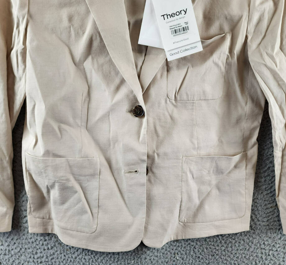 Theory Shrunken Linen Blend Blazer Women's 0 Beige Pockets Button Front Closure