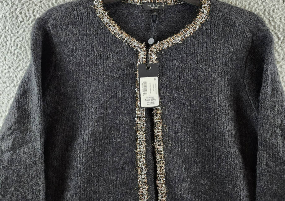 rag & bone Davies Wool-Alpaca Blend Cardigan Women's L Charcoal Hook & Eye Front