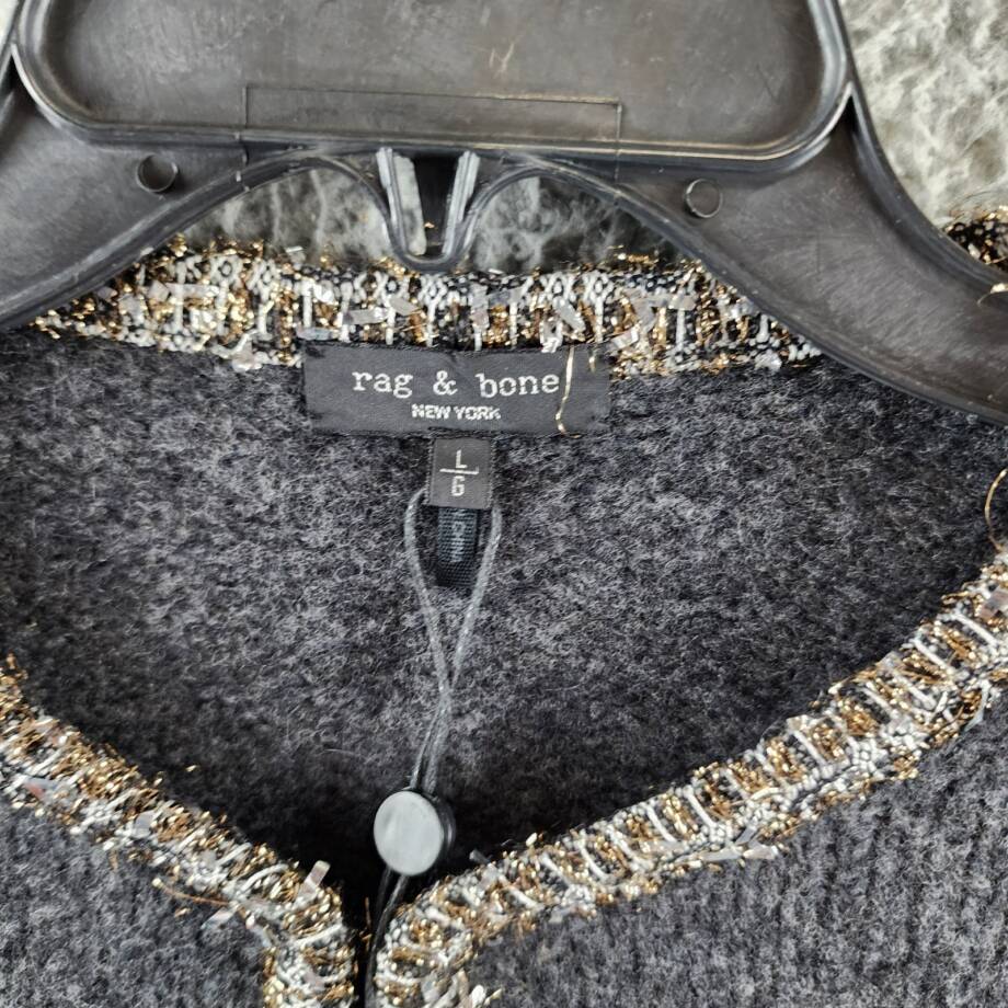rag & bone Davies Wool-Alpaca Blend Cardigan Women's L Charcoal Hook & Eye Front