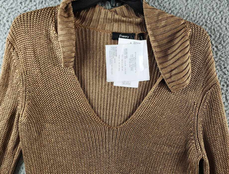 Theory Draped Back Collar Knit Sweater Women's M Toffee Brown Solid Pullover L/S