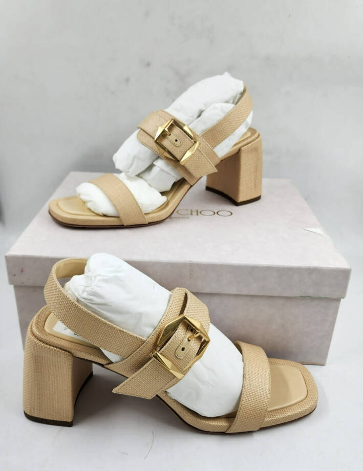Jimmy Choo Hawke 70 Block Heel Sandals Women's 39.5/9.5US Natural/Gold Buckled