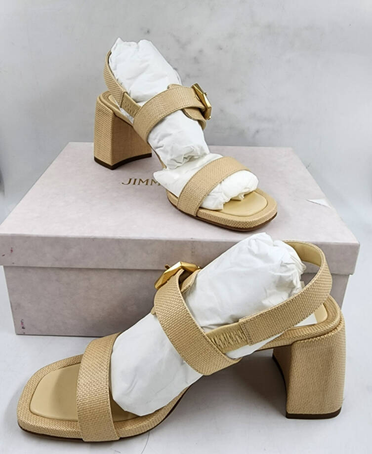 Jimmy Choo Hawke 70 Block Heel Sandals Women's 39.5/9.5US Natural/Gold Buckled