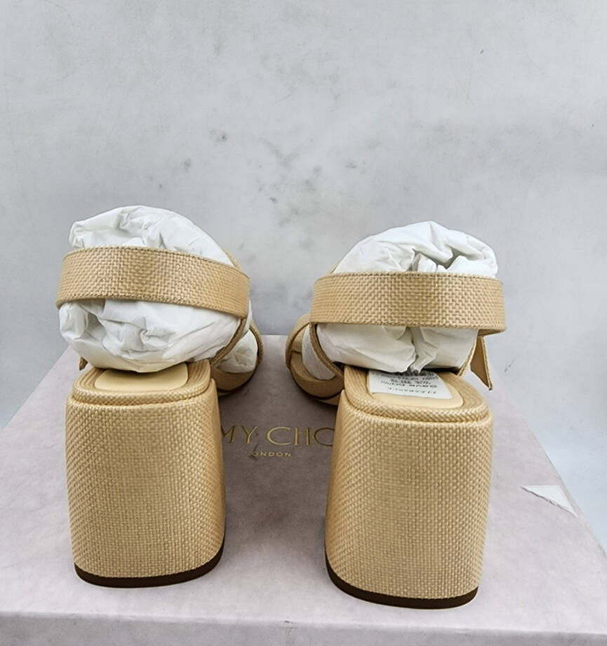Jimmy Choo Hawke 70 Block Heel Sandals Women's 39.5/9.5US Natural/Gold Buckled