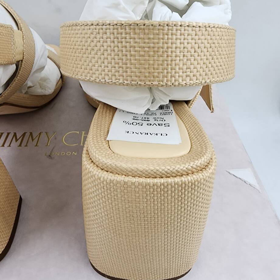 Jimmy Choo Hawke 70 Block Heel Sandals Women's 39.5/9.5US Natural/Gold Buckled