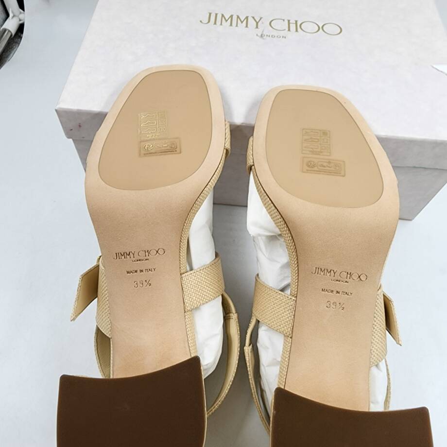 Jimmy Choo Hawke 70 Block Heel Sandals Women's 39.5/9.5US Natural/Gold Buckled