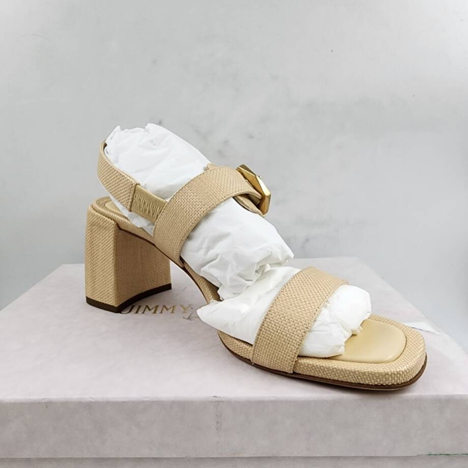 Jimmy Choo Hawke 70 Block Heel Sandals Women's 39.5/9.5US Natural/Gold Buckled