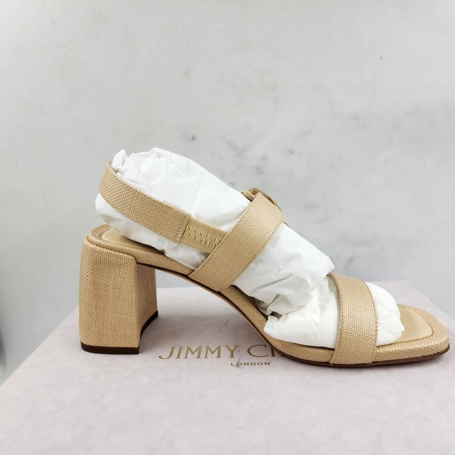 Jimmy Choo Hawke 70 Block Heel Sandals Women's 39.5/9.5US Natural/Gold Buckled
