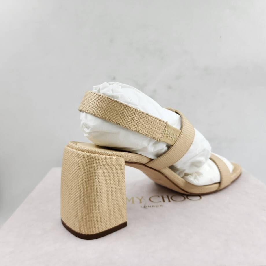 Jimmy Choo Hawke 70 Block Heel Sandals Women's 39.5/9.5US Natural/Gold Buckled