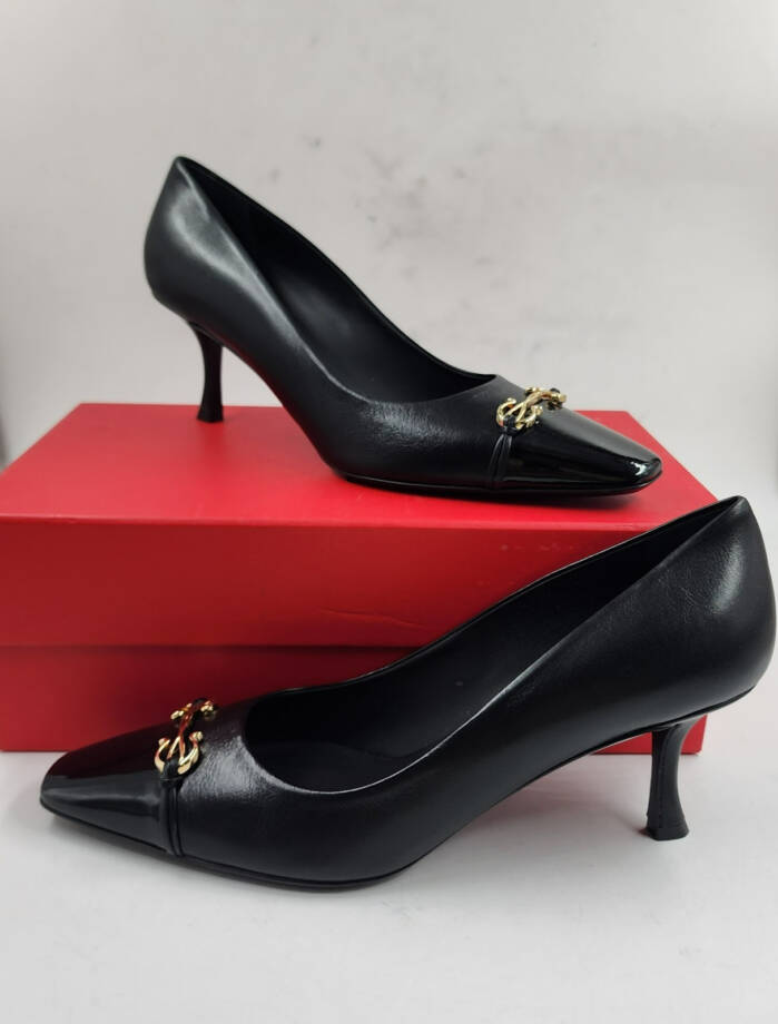 FERRAGAMO Bria Embellished Leather Pumps Women's 10 Black Pointed Toe Slip On