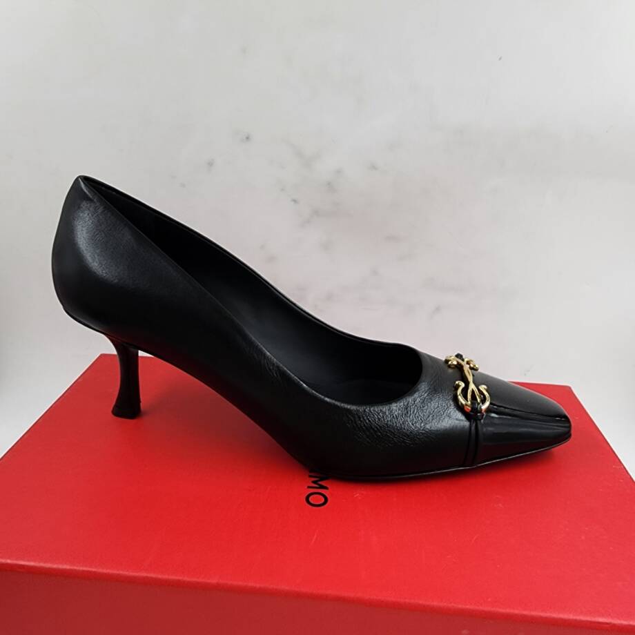 FERRAGAMO Bria Embellished Leather Pumps Women's 10 Black Pointed Toe Slip On