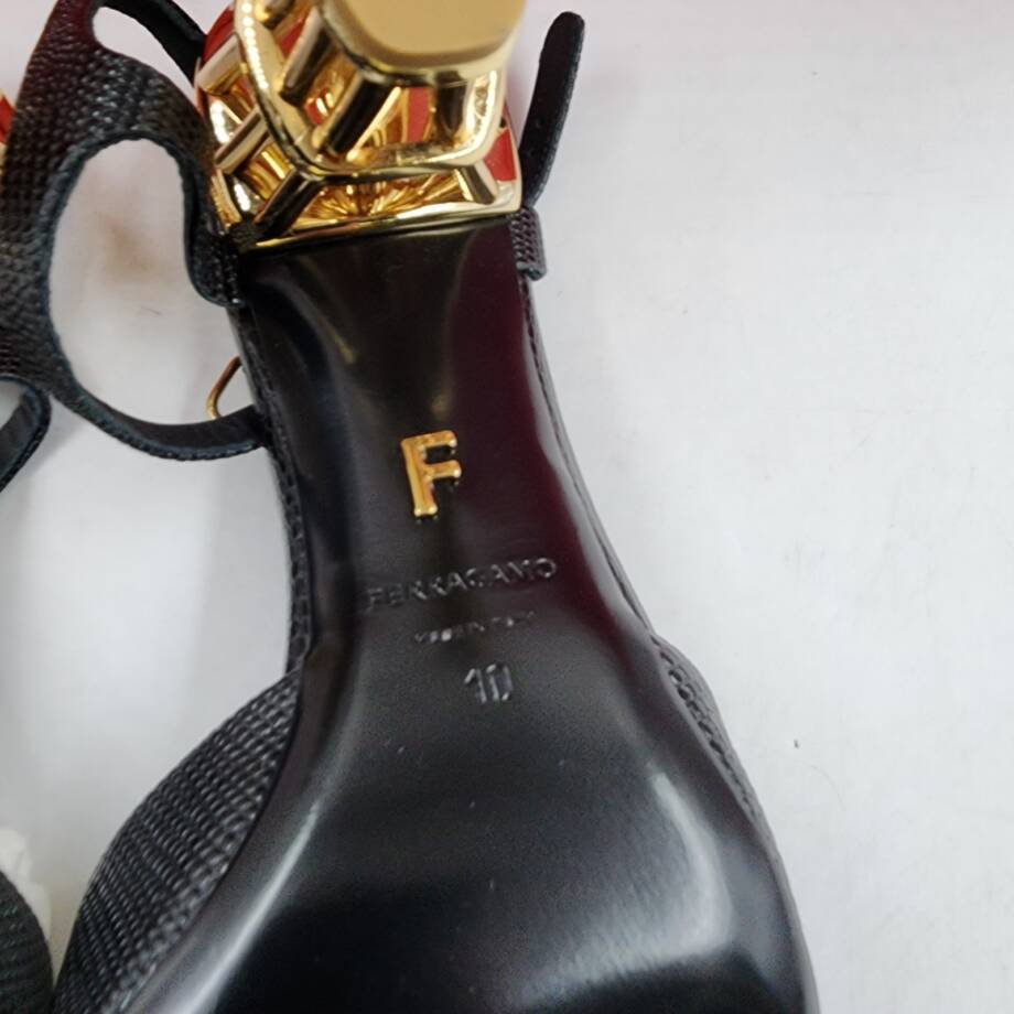 Ferragamo Nikla 85 High Heel Sandals Women's 10 Black/Gold Ankle Strap Closure