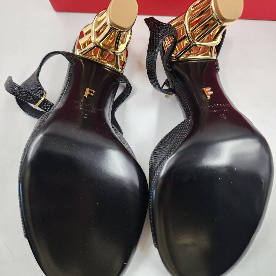 Ferragamo Nikla 85 High Heel Sandals Women's 10 Black/Gold Ankle Strap Closure