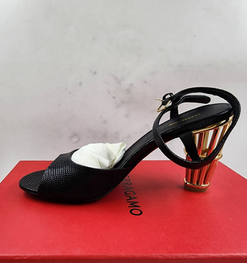Ferragamo Nikla 85 High Heel Sandals Women's 10 Black/Gold Ankle Strap Closure