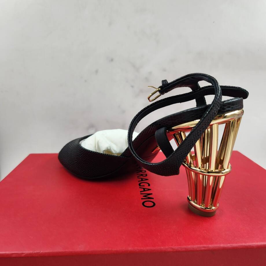 Ferragamo Nikla 85 High Heel Sandals Women's 10 Black/Gold Ankle Strap Closure