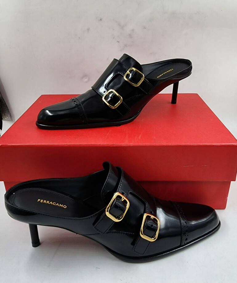 Ferragamo Anette 55 Pumps Women's 8 Black Buckled Strap Detail Square Toe SlipOn