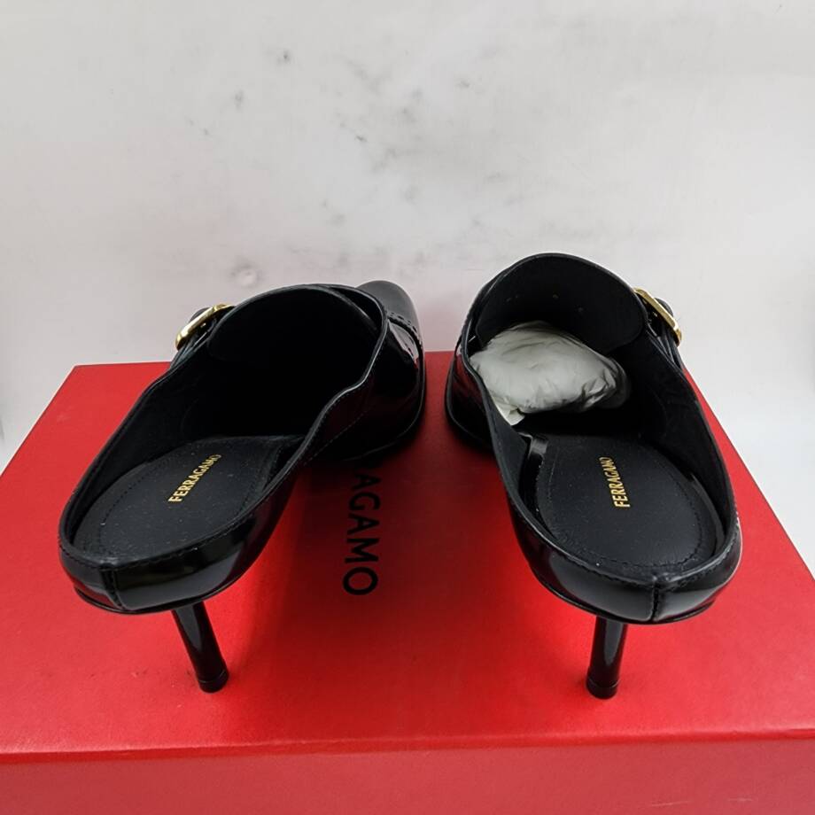 Ferragamo Anette 55 Pumps Women's 8 Black Buckled Strap Detail Square Toe SlipOn