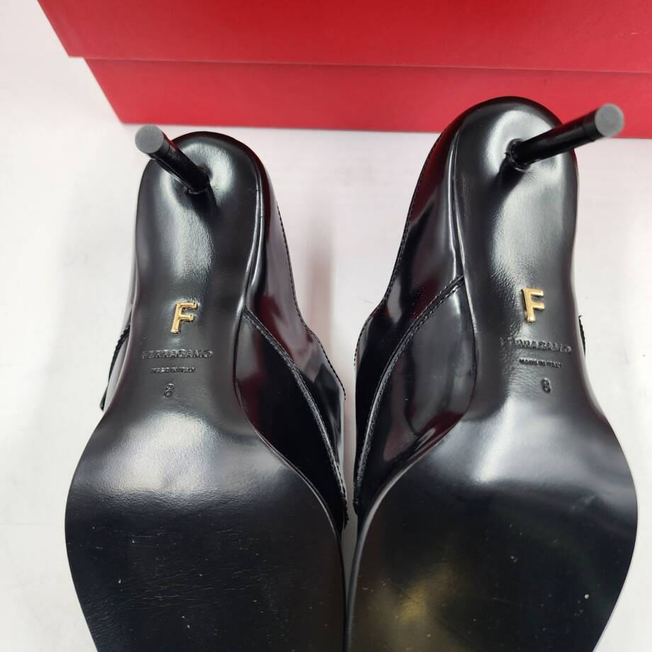 Ferragamo Anette 55 Pumps Women's 8 Black Buckled Strap Detail Square Toe SlipOn