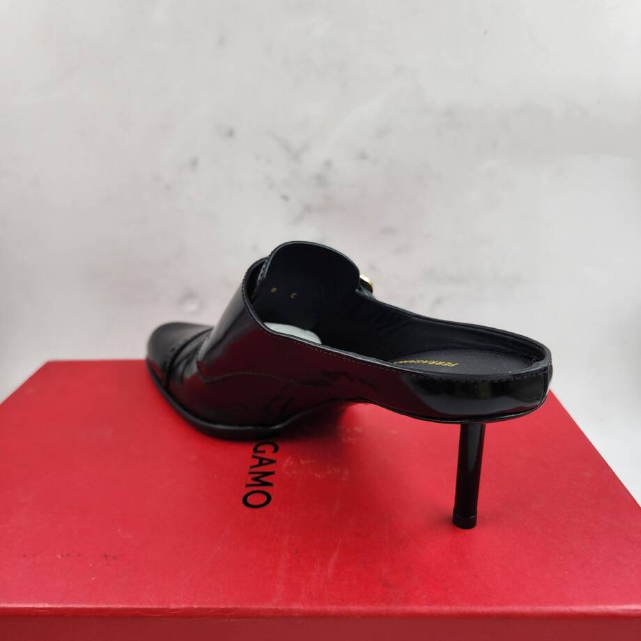 Ferragamo Anette 55 Pumps Women's 8 Black Buckled Strap Detail Square Toe SlipOn