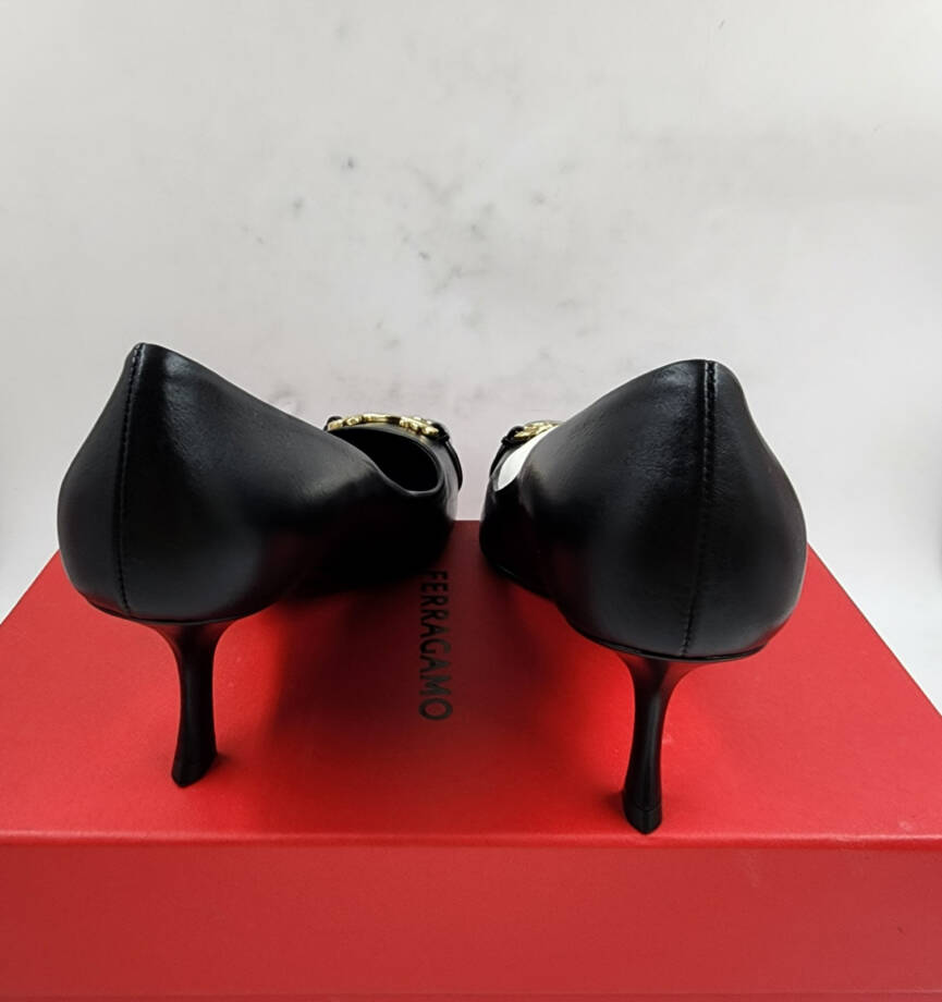 FERRAGAMO Bria Embellished Leather Pumps Women's 9 Black Pointed Toe Slip On
