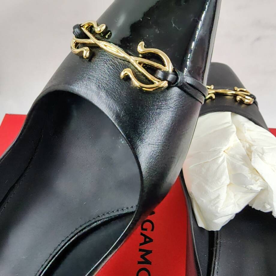FERRAGAMO Bria Embellished Leather Pumps Women's 9 Black Pointed Toe Slip On