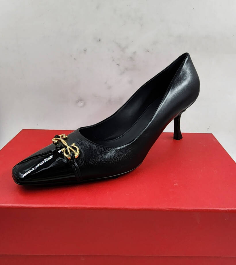 FERRAGAMO Bria Embellished Leather Pumps Women's 9 Black Pointed Toe Slip On