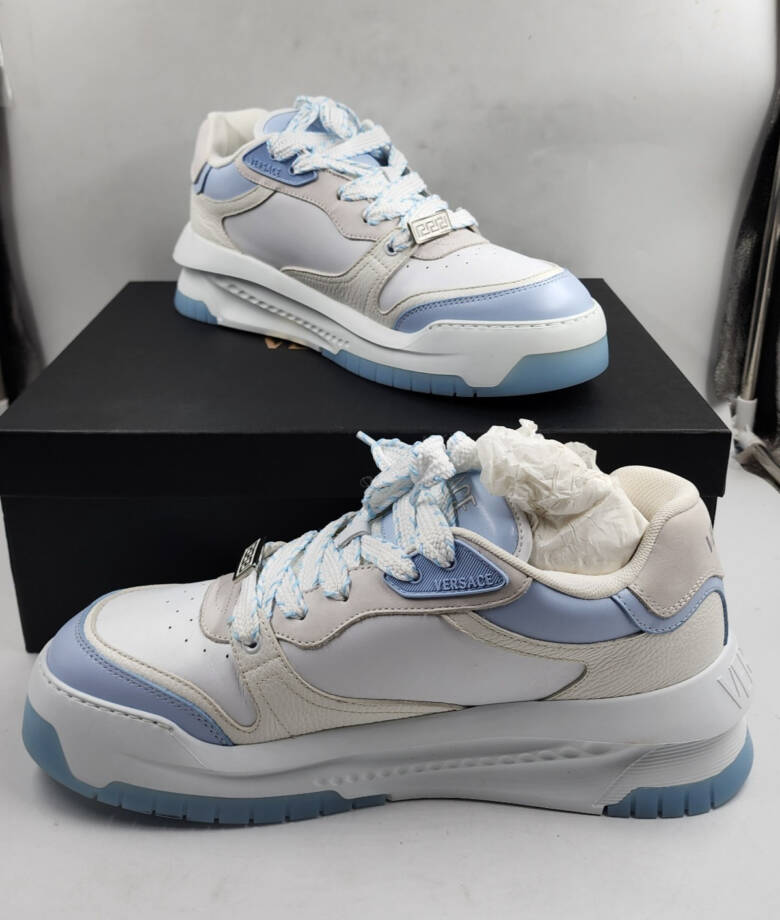 Versace Odissea Leather Low Top Sneakers Men 46 White/Light Blue Lace Up Closure
