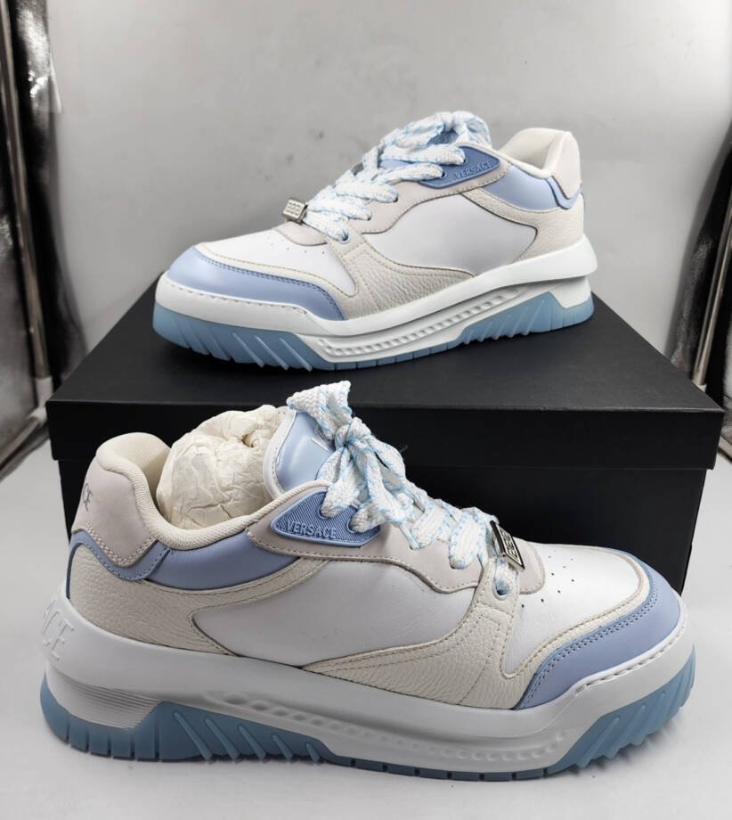 Versace Odissea Leather Low Top Sneakers Men 46 White/Light Blue Lace Up Closure