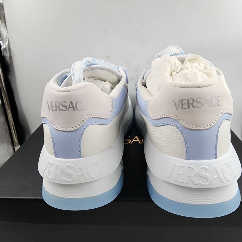 Versace Odissea Leather Low Top Sneakers Men 46 White/Light Blue Lace Up Closure