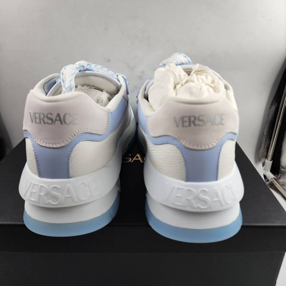 Versace Odissea Leather Low Top Sneakers Men 46 White/Light Blue Lace Up Closure